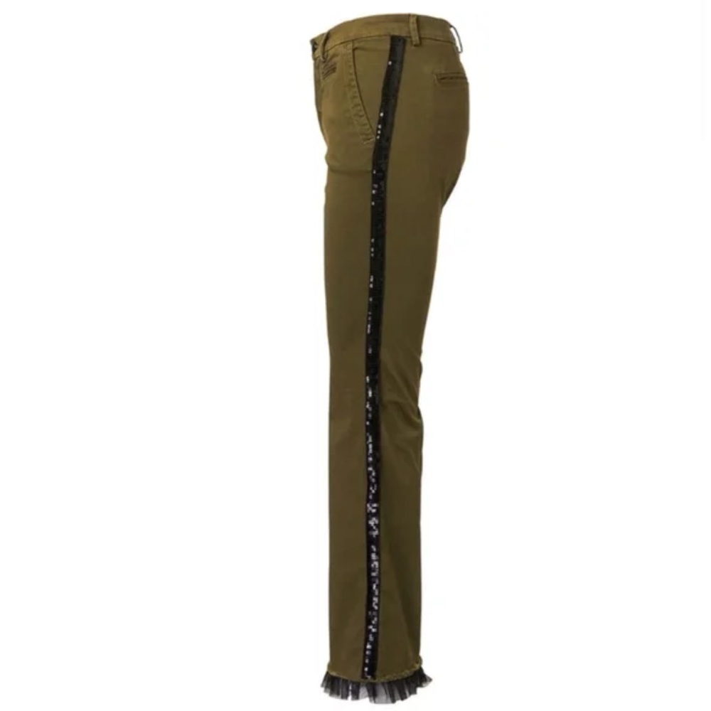 History Repeats Olive Green Pants Black Sequin Tuxedo Line Lace Hem Size 40